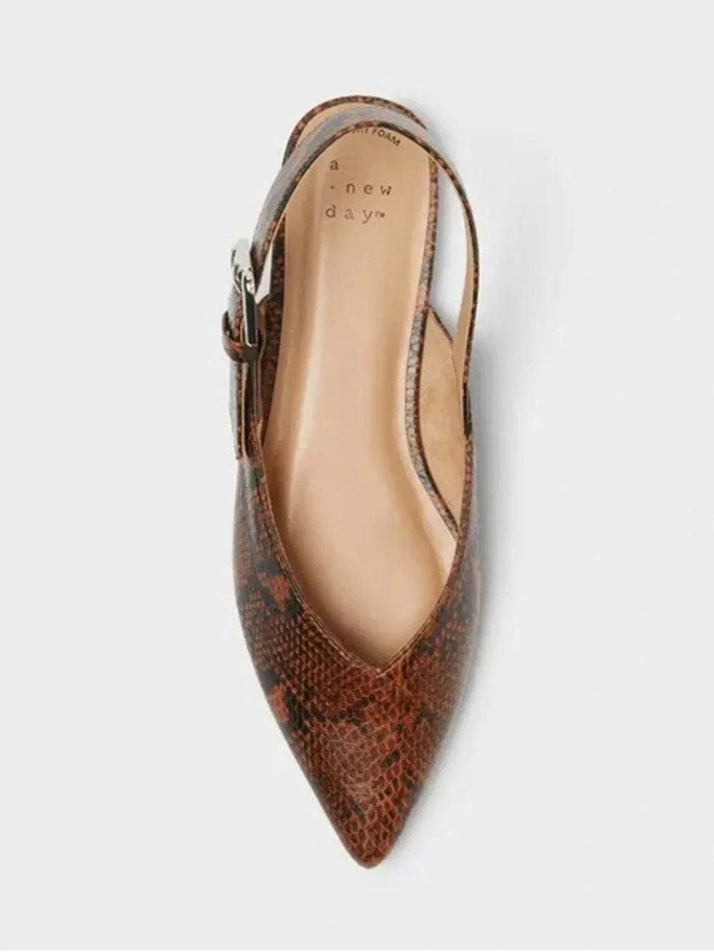NWT Women’s Pointed Slingback Flat in Brown Snake Print with Memory Foam Insole - Picture 2 of 4